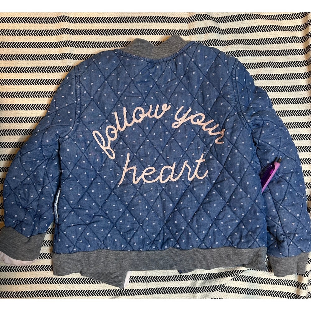 Epic Threads Quilted Bomber‎ Jacket Blue Polka Dot Embroidered Follow Your Heart